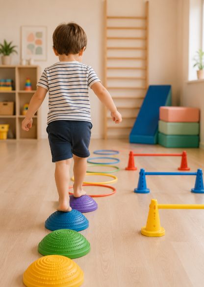 Enfant sur un parcours moteur lors d'une séance de psychomotricité